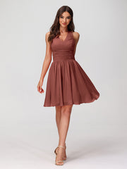 Halter Short Chiffron Dresses with V neck Terracotta