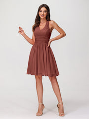Halter Short Chiffron Dresses with V neck Terracotta