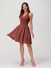 Halter Short Chiffron Dresses with V neck Terracotta