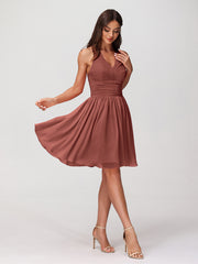 Halter Short Chiffron Dresses with V neck Terracotta