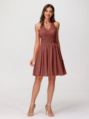 Halter Short Chiffron Dresses with V neck Terracotta