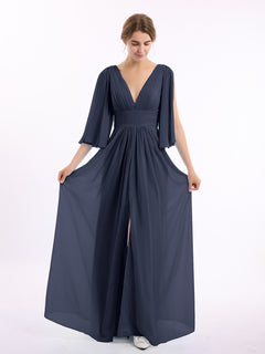 Long Queen's Gown Chiffon Dress with Slit and V Neck Dark Navy