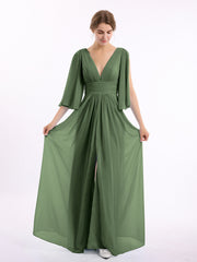 Long Queen's Gown Chiffon Dress with Slit and V Neck Olive Green