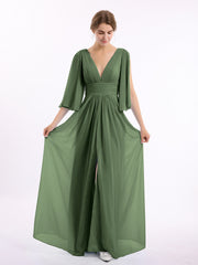Long Queen's Gown Chiffon Dress with Slit and V Neck Olive Green