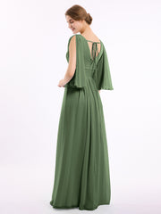 Long Queen's Gown Chiffon Dress with Slit and V Neck Olive Green