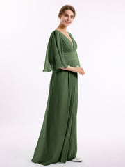 Long Queen's Gown Chiffon Dress with Slit and V Neck Olive Green