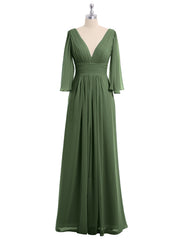 Long Queen's Gown Chiffon Dress with Slit and V Neck Olive Green