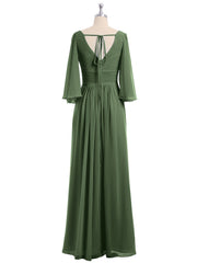 Long Queen's Gown Chiffon Dress with Slit and V Neck Olive Green