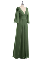 Long Queen's Gown Chiffon Dress with Slit and V Neck Olive Green