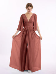Long Queen's Gown Chiffon Dress with Slit and V Neck Terracotta