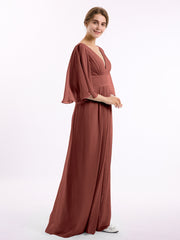 Long Queen's Gown Chiffon Dress with Slit and V Neck Terracotta