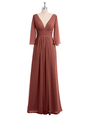 Long Queen's Gown Chiffon Dress with Slit and V Neck Terracotta