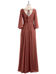 Long Queen's Gown Chiffon Dress with Slit and V Neck Terracotta