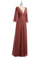 Long Queen's Gown Chiffon Dress with Slit and V Neck Terracotta