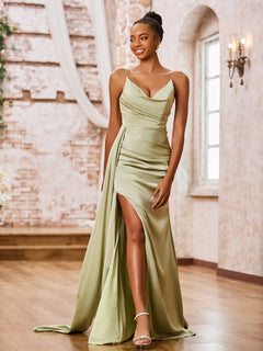 Elegant Sheath Spaghetti Straps Soft Satin Sexy Dresses with Slit Flamingo