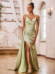 Elegant Sheath Spaghetti Straps Soft Satin Sexy Dresses with Slit Dusty Sage