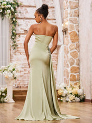 Elegant Sheath Spaghetti Straps Soft Satin Sexy Dresses with Slit Dusty Sage
