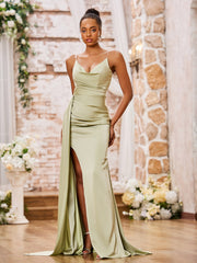 Elegant Sheath Spaghetti Straps Soft Satin Sexy Dresses with Slit Dusty Sage