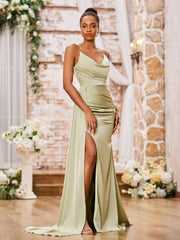 Elegant Sheath Spaghetti Straps Soft Satin Sexy Dresses with Slit Dusty Sage