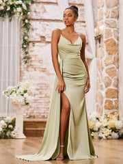 Elegant Sheath Spaghetti Straps Soft Satin Sexy Dresses with Slit Dusty Sage