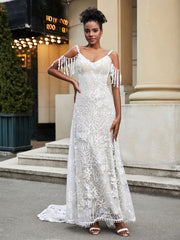 V-Neck Lace Appliqued Sweep Train Wedding Dress Champagne