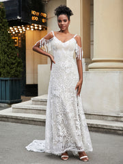 V-Neck Lace Appliqued Sweep Train Wedding Dress White