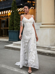 V-Neck Lace Appliqued Sweep Train Wedding Dress Champagne