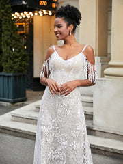 V-Neck Lace Appliqued Sweep Train Wedding Dress White