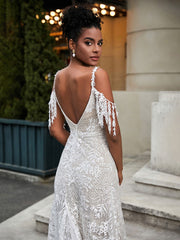 V-Neck Lace Appliqued Sweep Train Wedding Dress Champagne