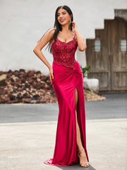 Sheath V-neck Sweep Train Satin Prom Dresses Burgundy
