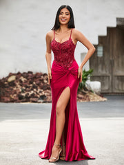 Sheath V-neck Sweep Train Satin Prom Dresses Burgundy