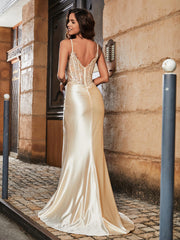 Sheath V-neck Sweep Train Satin Prom Dresses Champagne