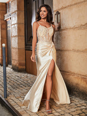 Sheath V-neck Sweep Train Satin Prom Dresses Champagne