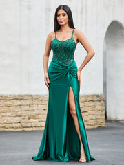 Sheath V-neck Sweep Train Satin Prom Dresses Dark Green