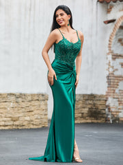 Sheath V-neck Sweep Train Satin Prom Dresses Dark Green