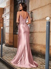 Sheath V-neck Sweep Train Satin Prom Dresses Dusty Rose