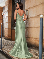 Sheath V-neck Sweep Train Satin Prom Dresses Dusty Sage Plus Size