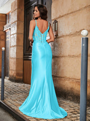 Sheath V-neck Sweep Train Satin Prom Dresses Jade