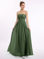 Strapless Long Chiffon Gown with Pleated Bodice Olive Green