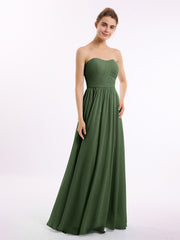 Strapless Long Chiffon Gown with Pleated Bodice Olive Green