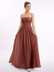 Strapless Long Chiffon Gown with Pleated Bodice Terracotta