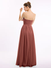 Strapless Long Chiffon Gown with Pleated Bodice Terracotta