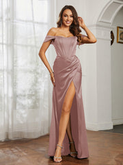 Off Shoulder Sweep Train Dress With Slit Dusty Rose Plus Size