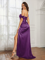 Off Shoulder Sweep Train Dress With Slit Grape