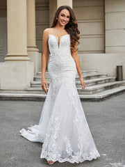 Lace Mermaid Chapel Train Wedding Dress Ivory/Champagne