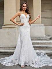 Lace Mermaid Chapel Train Wedding Dress Ivory