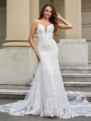 Lace Mermaid Chapel Train Wedding Dress Ivory