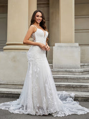 Lace Mermaid Chapel Train Wedding Dress Ivory/Champagne