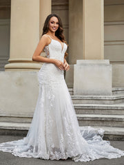 Lace Mermaid Chapel Train Wedding Dress Ivory
