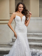 Lace Mermaid Chapel Train Wedding Dress Ivory